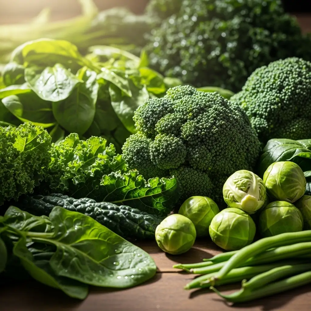 Foods rich in Vitamin K: Kale, spinach, broccoli, Brussels sprouts, green beans.