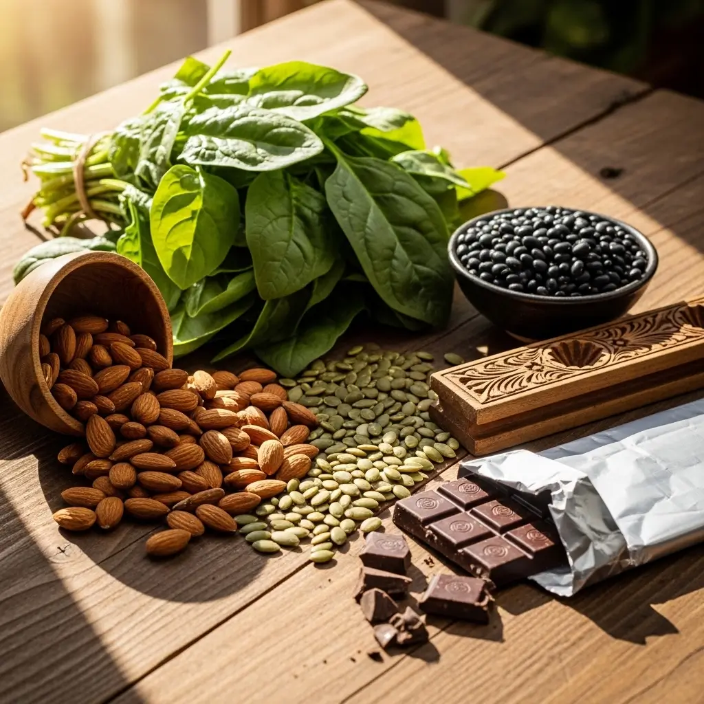 Foods rich in Magnesium: Spinach, almonds, pumpkin seeds, black beans, dark chocolate.
