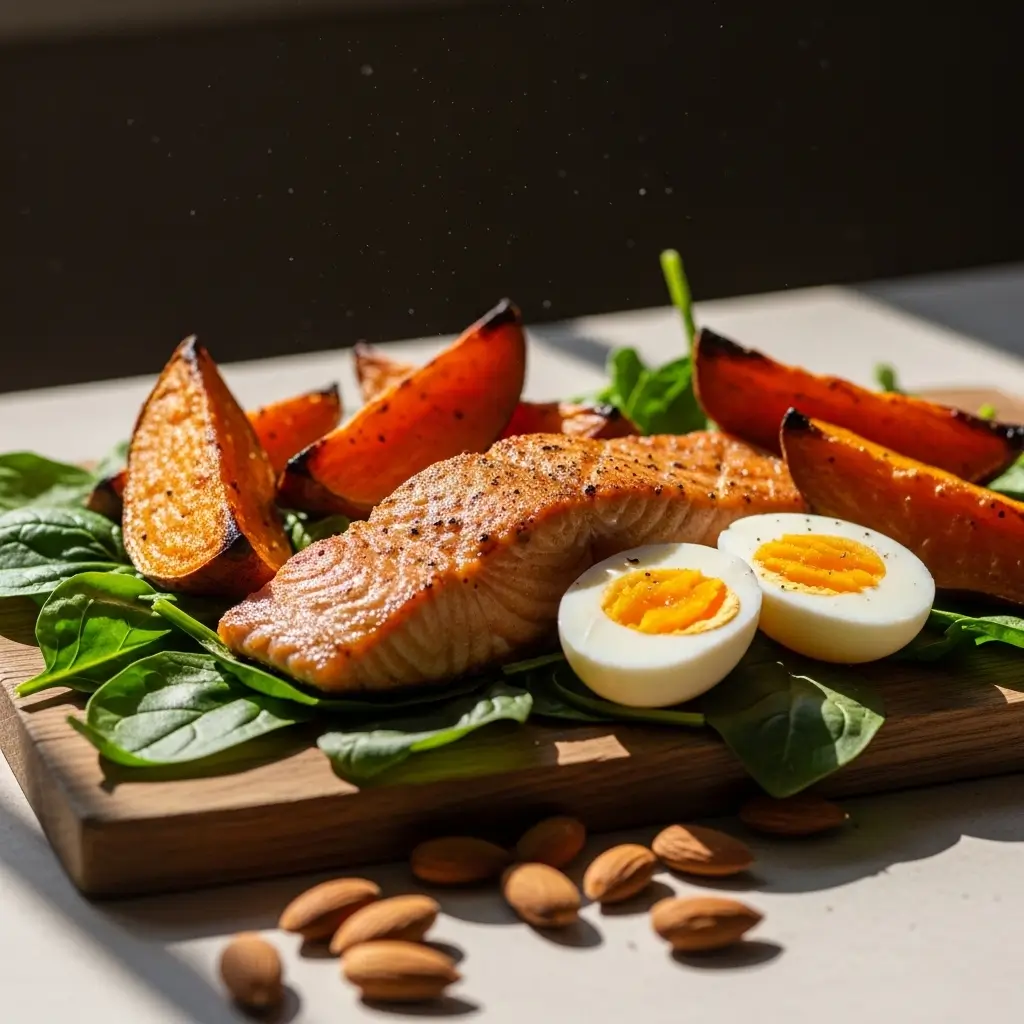 Foods rich in Biotin: Eggs, almonds, sweet potatoes, salmon, spinach.