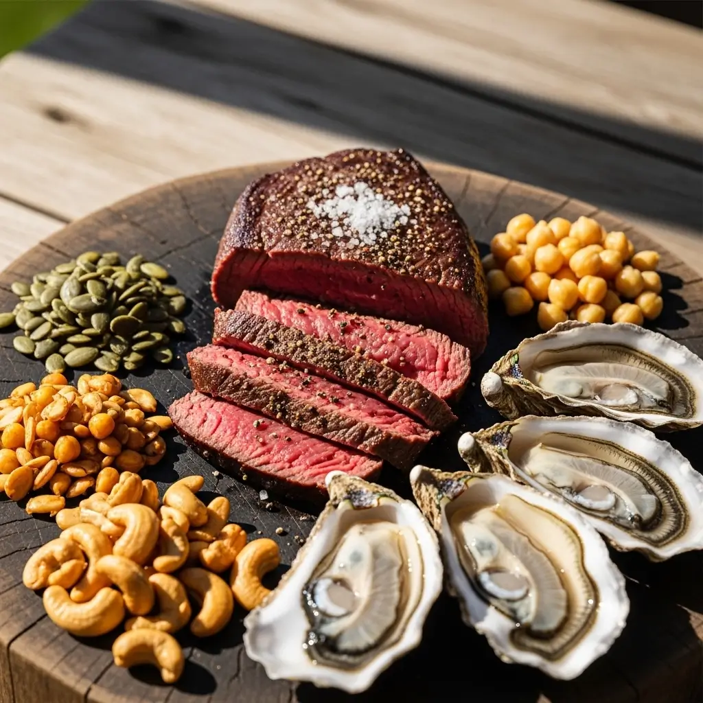 Foods rich in Zinc: Beef, pumpkin seeds, chickpeas, cashews, oysters.