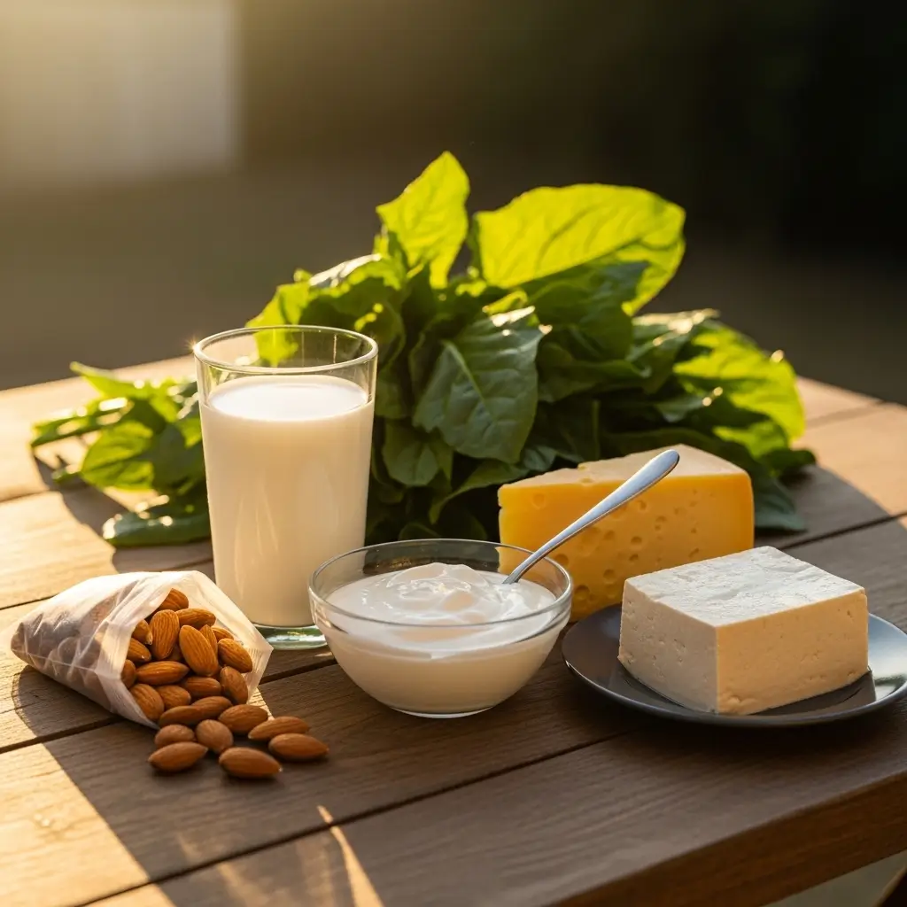 Foods rich in Calcium: Milk, yogurt, cheese, tofu, almonds, leafy greens.