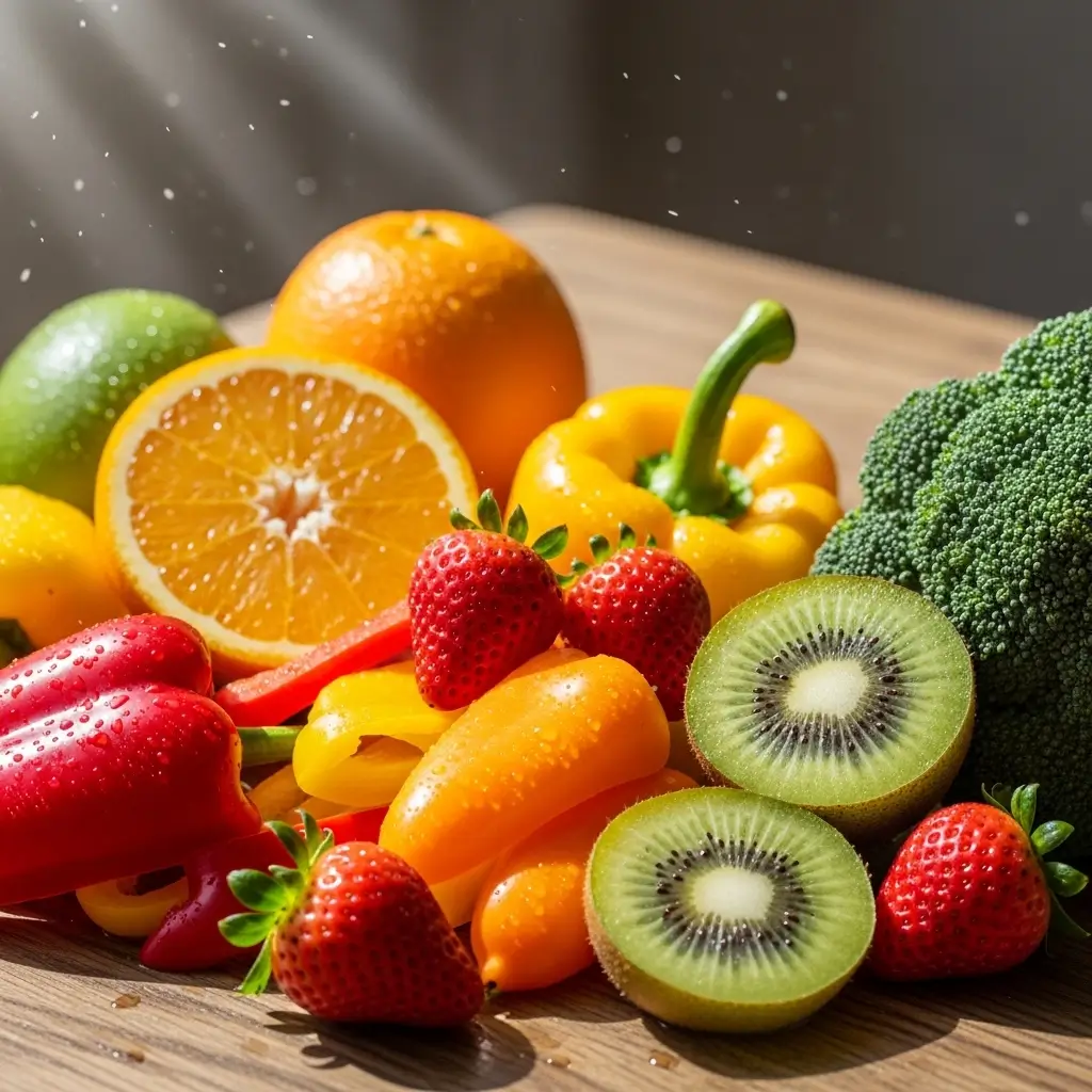 Foods rich in Vitamin C: Oranges, strawberries, bell peppers, kiwi, broccoli.