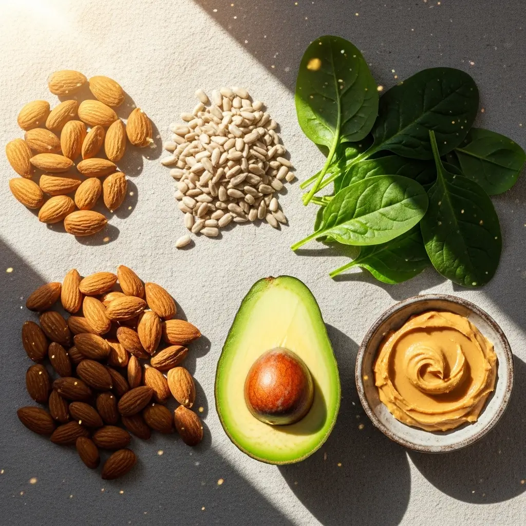 Foods rich in Vitamin E: Almonds, sunflower seeds, spinach, avocado, peanut butter.