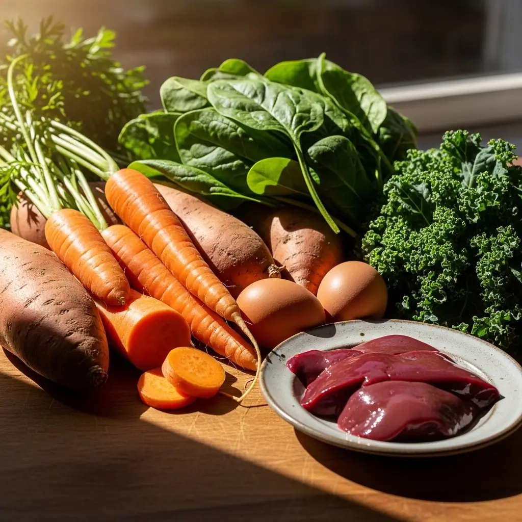 Foods rich in Vitamin A: Carrots, sweet potatoes, spinach, kale, eggs, liver.