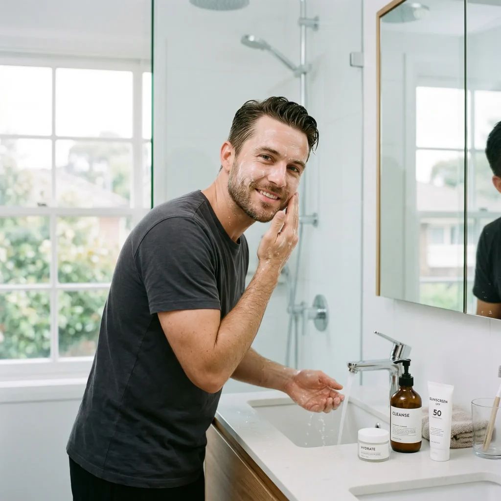Man performing morning skincare routine for men – cleansing and moisturizing face in bright bathroom with simple products