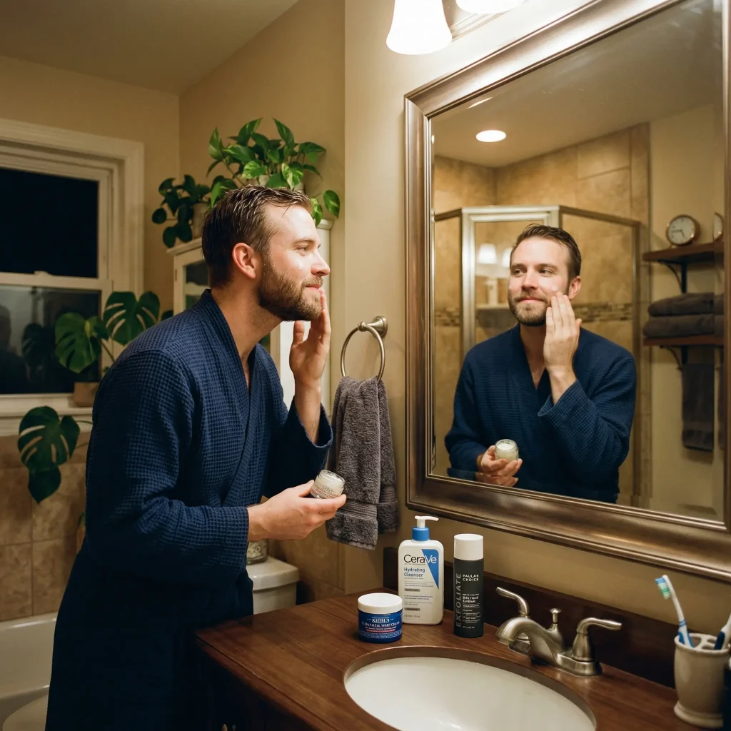 Man doing night skincare routine for men – applying moisturizer in evening bathroom light with cleanser and night cream