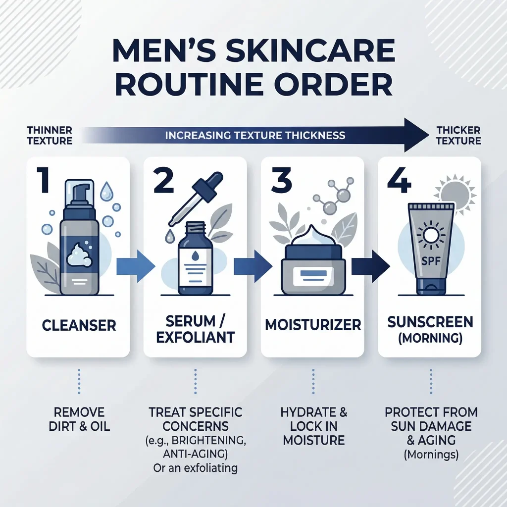 Infographic showing correct order of basic skin care routine for men: cleanse, exfoliate or serum, moisturize, then sunscreen