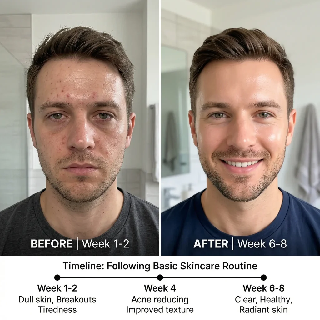 Before and after transformation showing results of basic skin care routine for men after 2 to 8 weeks – clearer and healthier skin