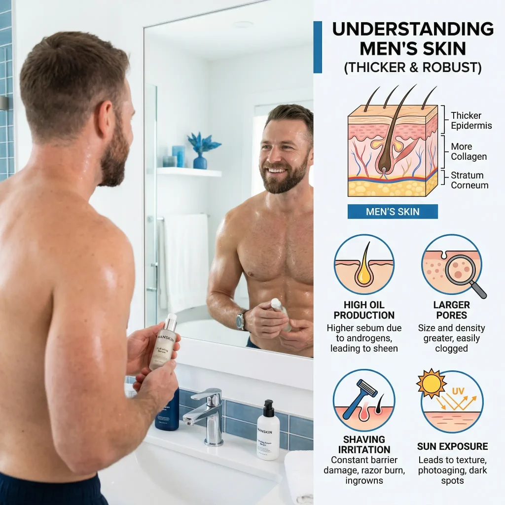 Man with healthy glowing skin looking in mirror, illustrating why a simple skincare routine for men works for thicker skin and daily shaving