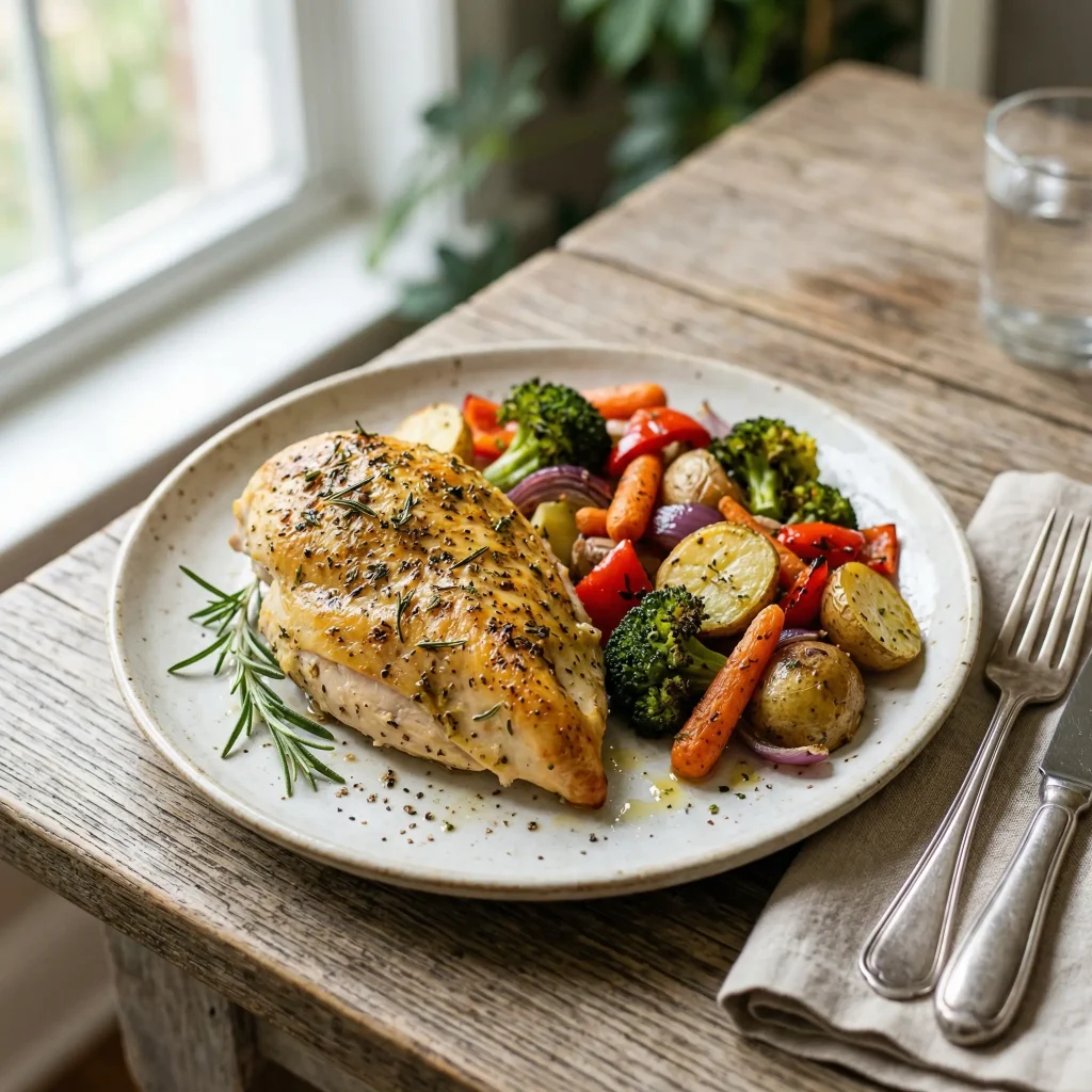 Baked chicken breast with vegetables, protein-packed dinner