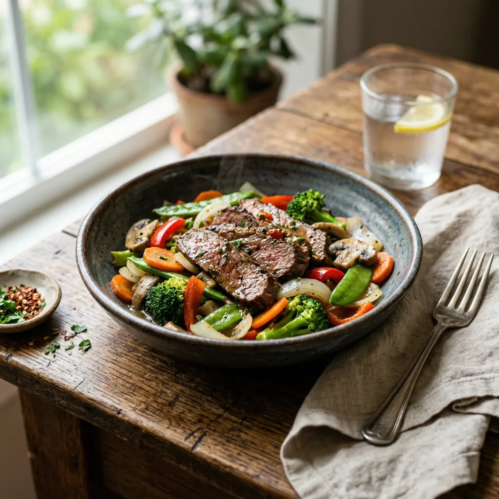 Beef and vegetable bowl, high-protein dinner