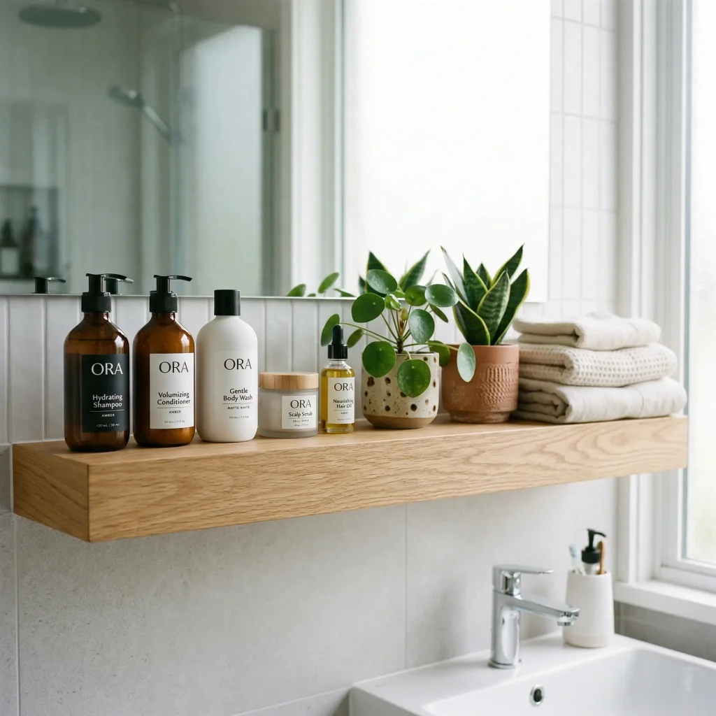 Different shampoo bottles arranged in bathroom shelf for recommendations
