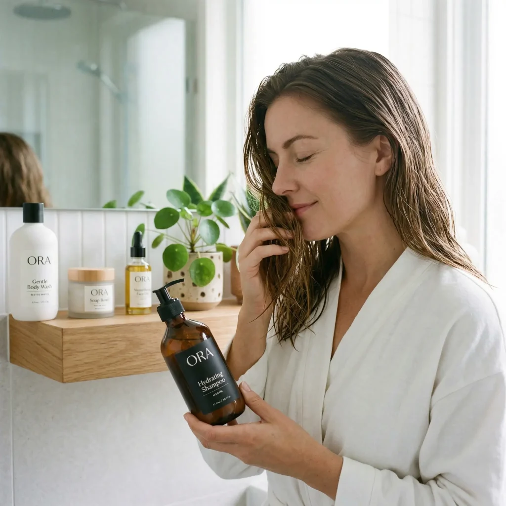Woman smelling fresh clean hair after shampoo