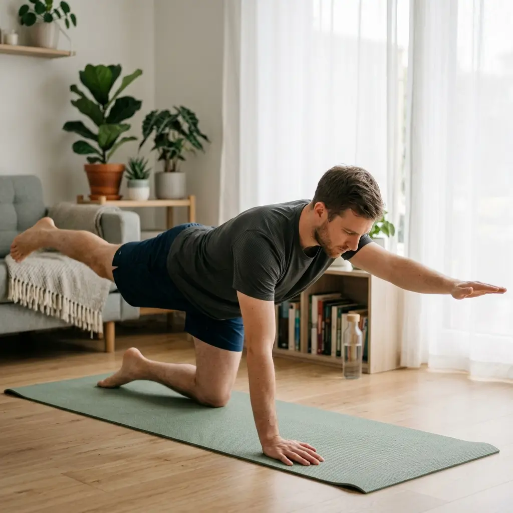 Man performing bird dog exercise at home improving balance and core strength