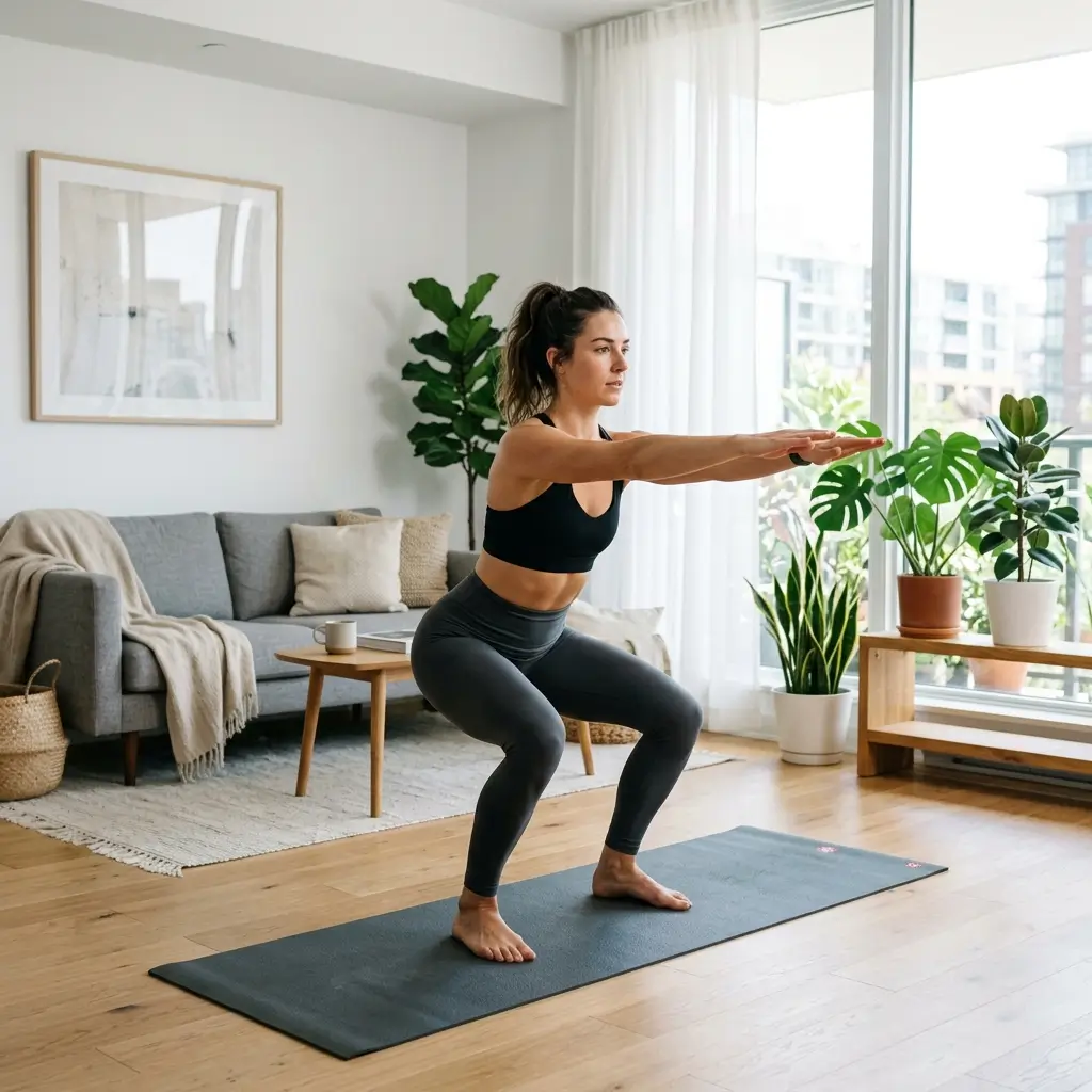Woman performing bodyweight squats in living room demonstrating lower body strength training exercise at home