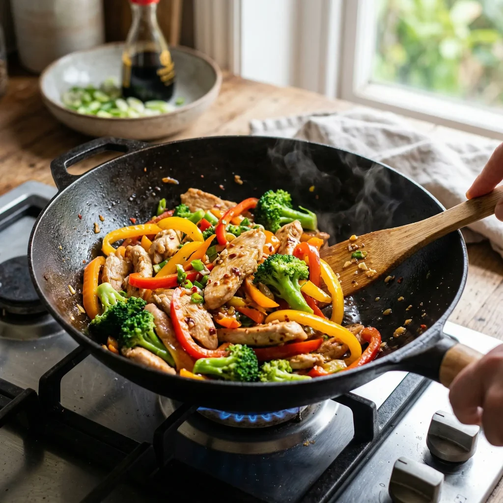 Chicken stir fry with vegetables, protein-packed meal