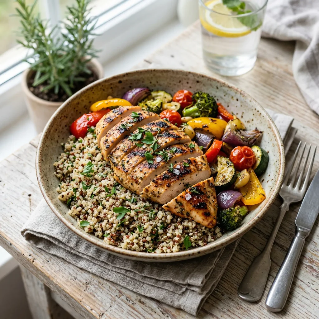 Grilled chicken and quinoa bowl with roasted vegetables, protein-packed meal