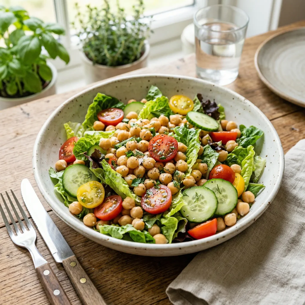 Chickpea salad bowl with vegetables, high-protein vegetarian meal