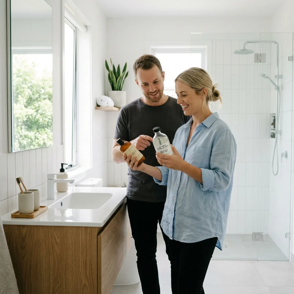 Create realistic image showing man and woman comparing shampoo bottles in modern bathroom, natural lighting, clean minimal aesthetic.