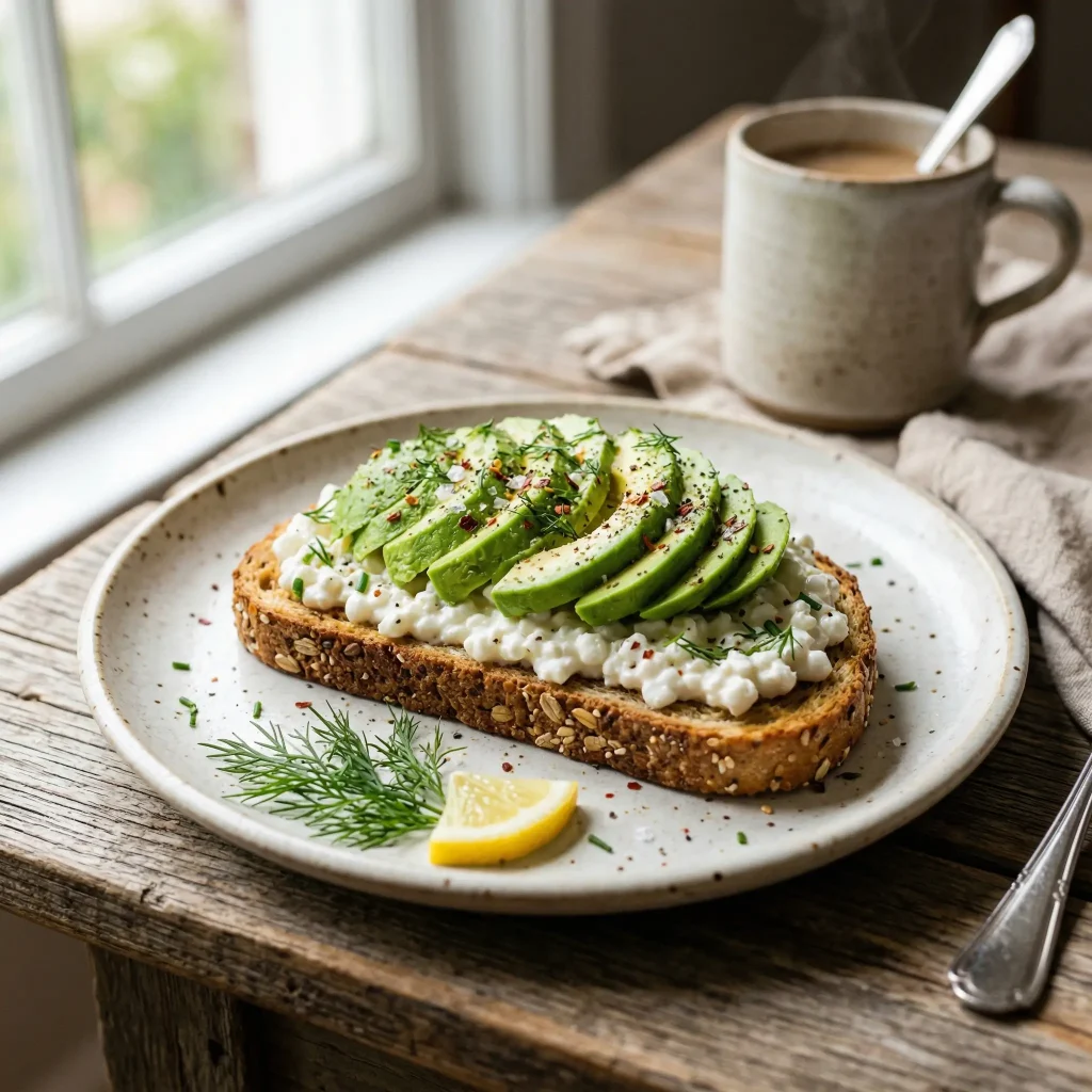 Cottage cheese and avocado toast, protein-rich breakfast