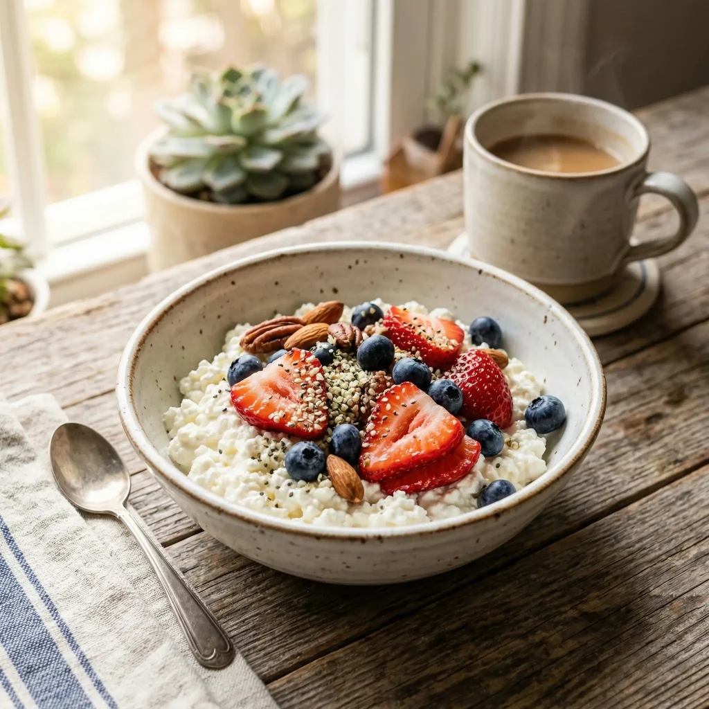 Cottage cheese bowl with fresh fruit and nuts, high-protein meal