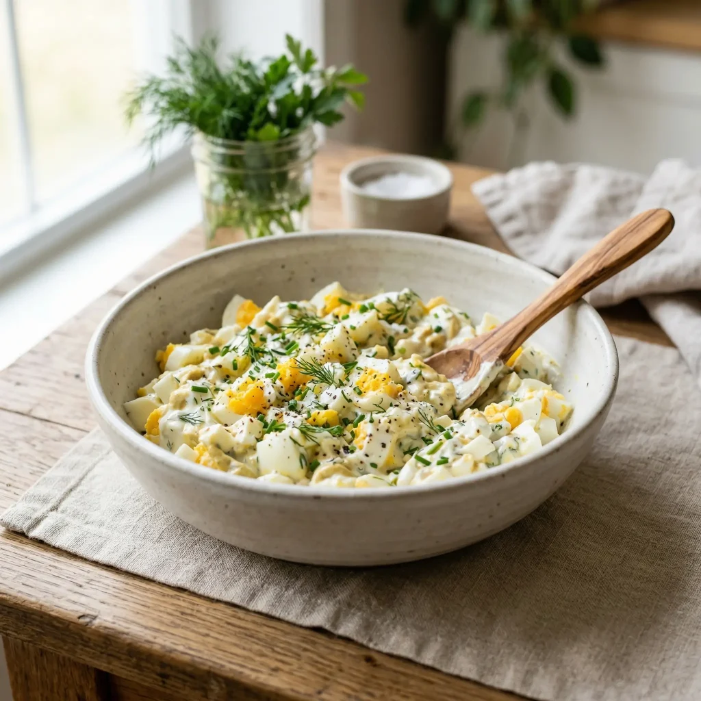 Egg salad bowl with creamy dressing, high-protein meal