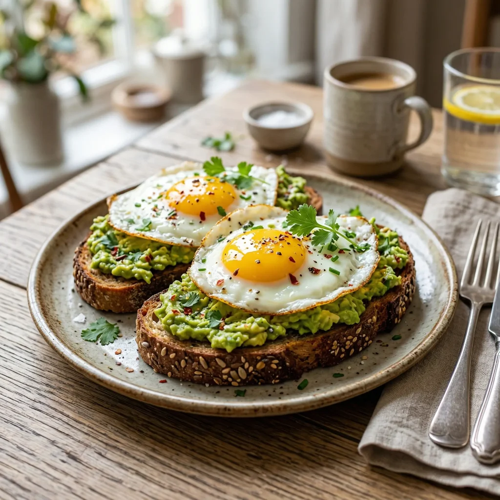 Egg and avocado toast on a plate, high-protein breakfast meal