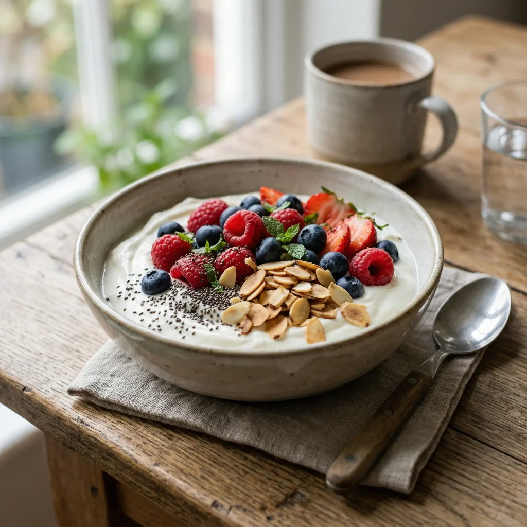 Greek yogurt bowl with berries, chia seeds, and almonds, high-protein breakfast