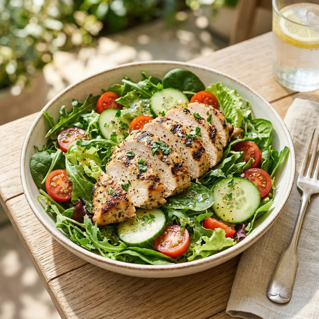 Grilled chicken salad with fresh vegetables, high-protein lunch