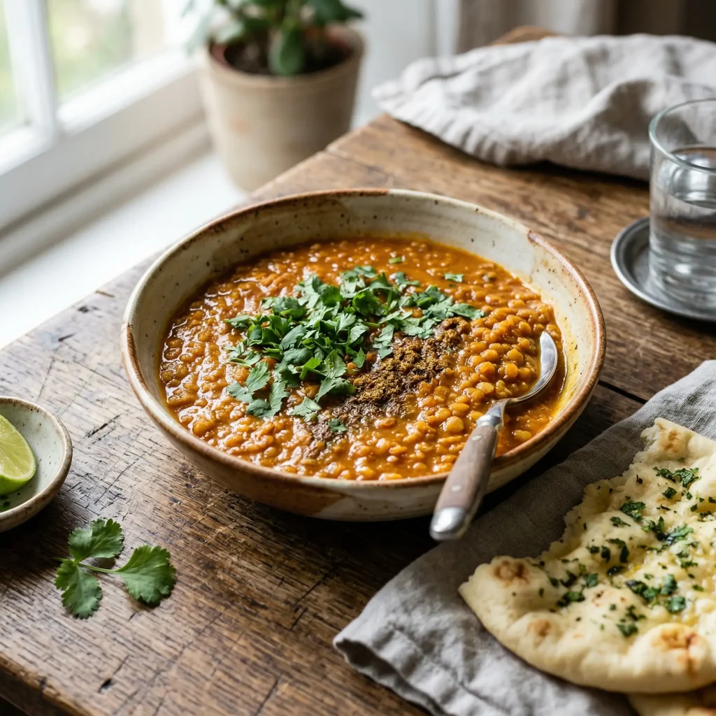 Lentil curry in a bowl, high-protein vegetarian meal