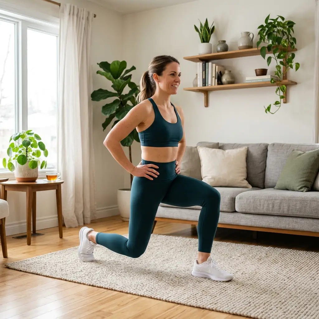 Woman performing forward lunges at home strengthening legs and improving balance
