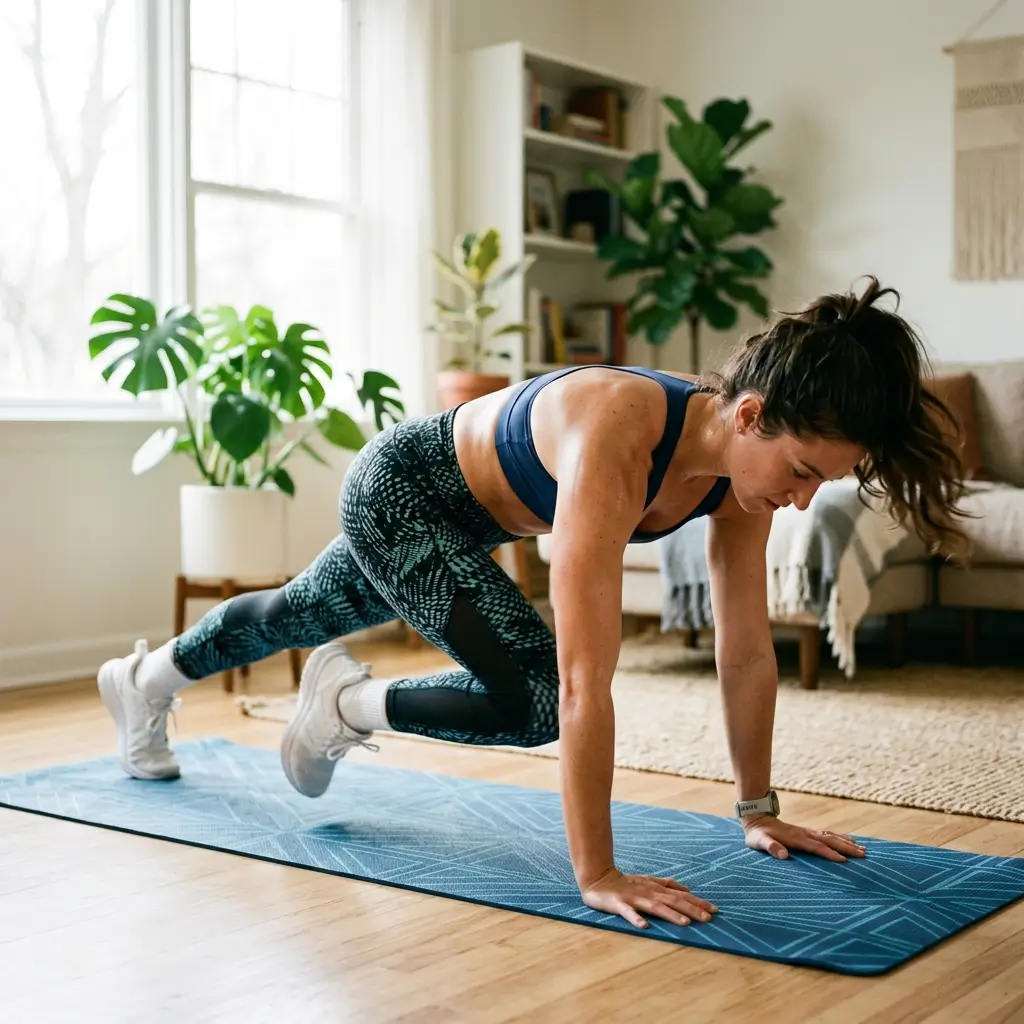 Woman performing mountain climbers at home for full body strength and endurance