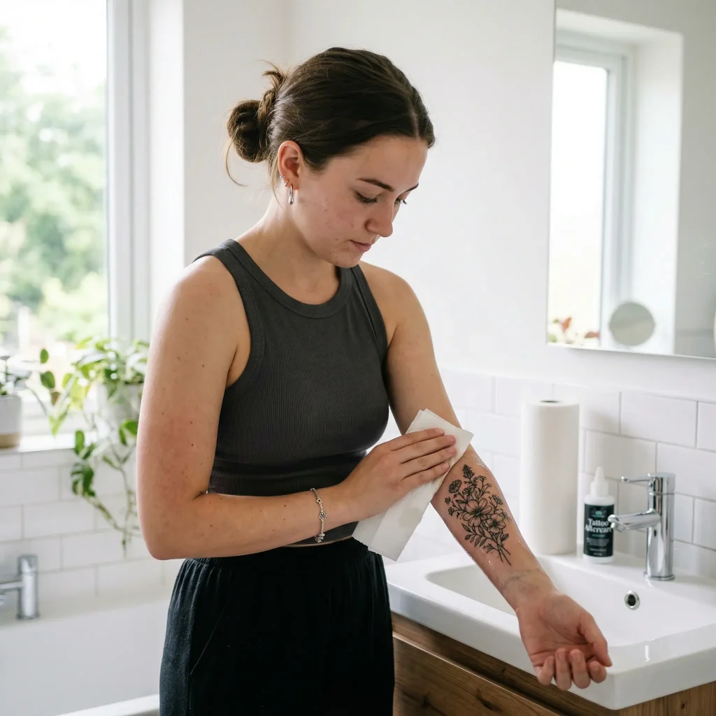 Person gently patting tattoo dry with paper towel showing proper tattoo aftercare technique
