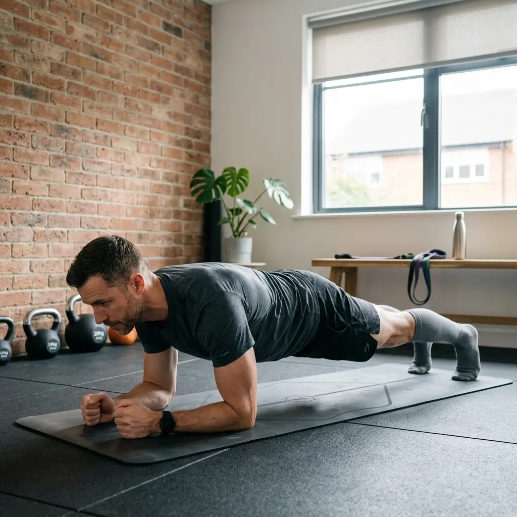 Man holding plank position at home strengthening core muscles