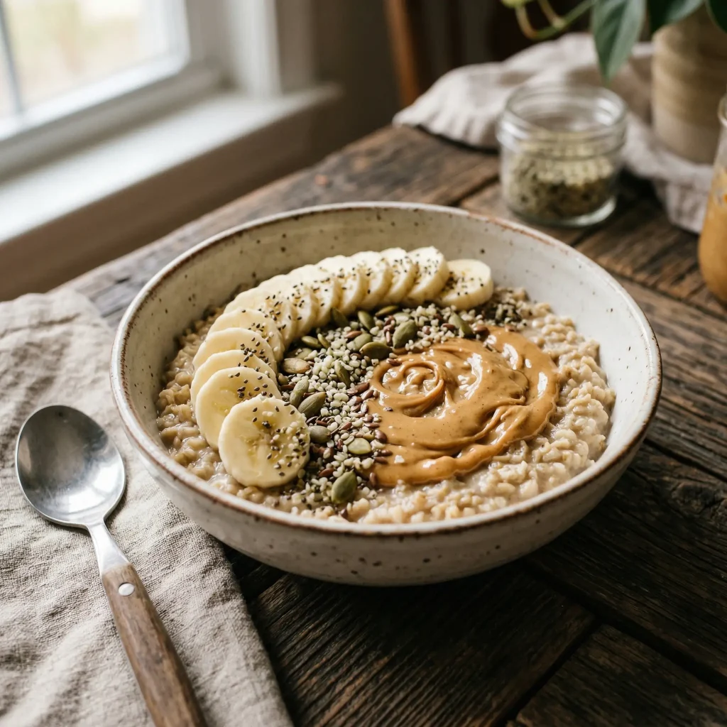 Protein oatmeal with banana and peanut butter, nutritious breakfast