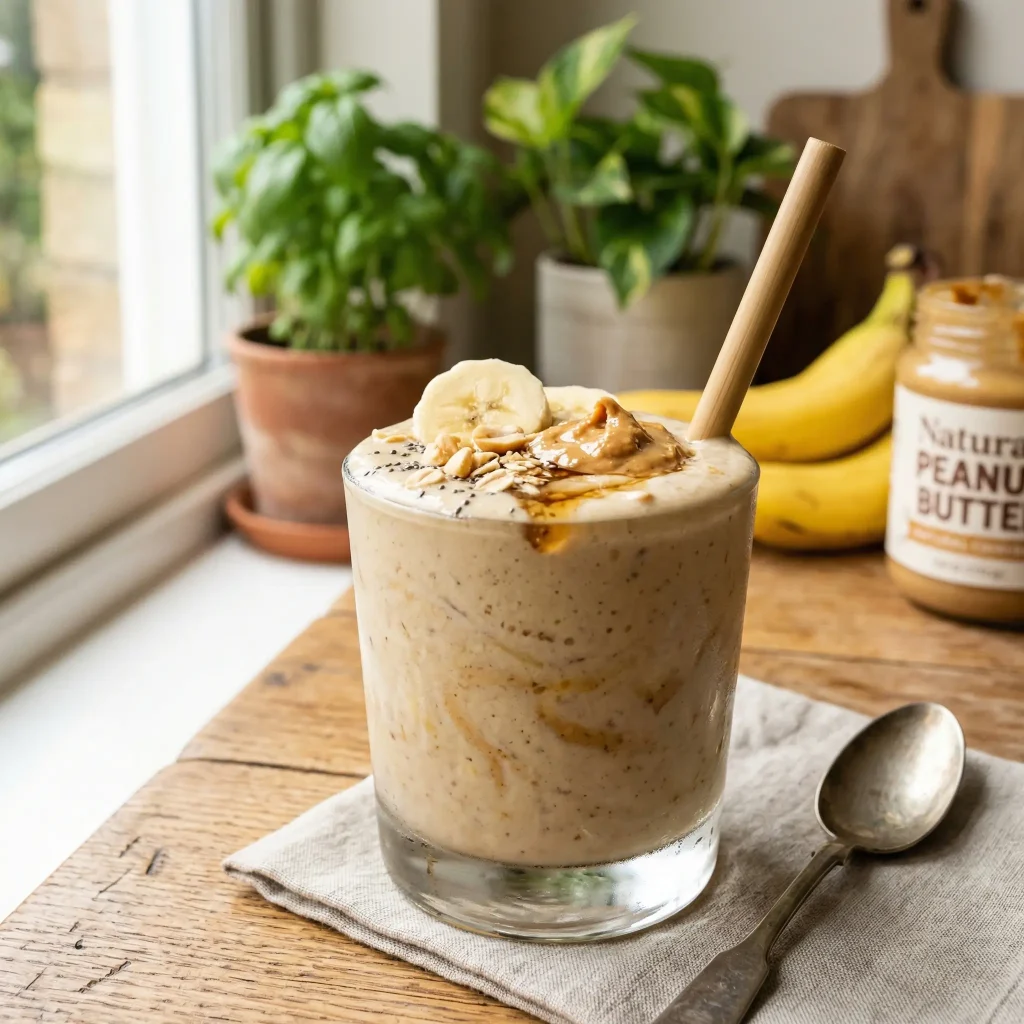 Protein smoothie with banana and peanut butter, high-protein drink