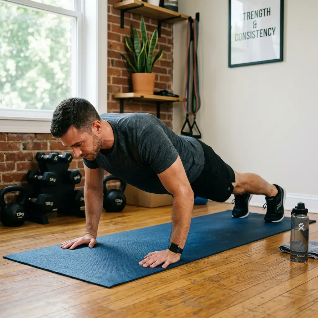 Man doing push ups at home on yoga mat demonstrating upper body strength training exercise