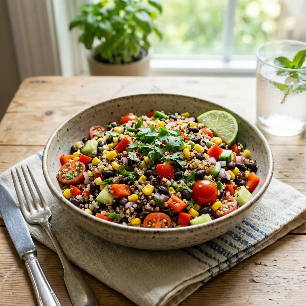 Quinoa and black bean bowl with vegetables, high-protein vegetarian meal