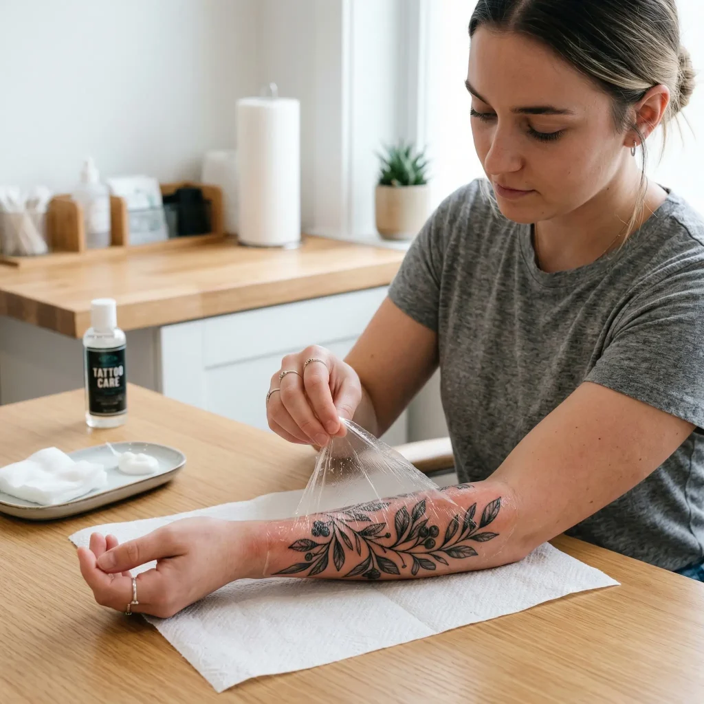 Hands gently removing cling film bandage from fresh tattoo showing correct tattoo aftercare step