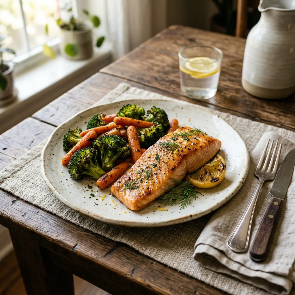 Baked salmon with roasted vegetables, high-protein dinner