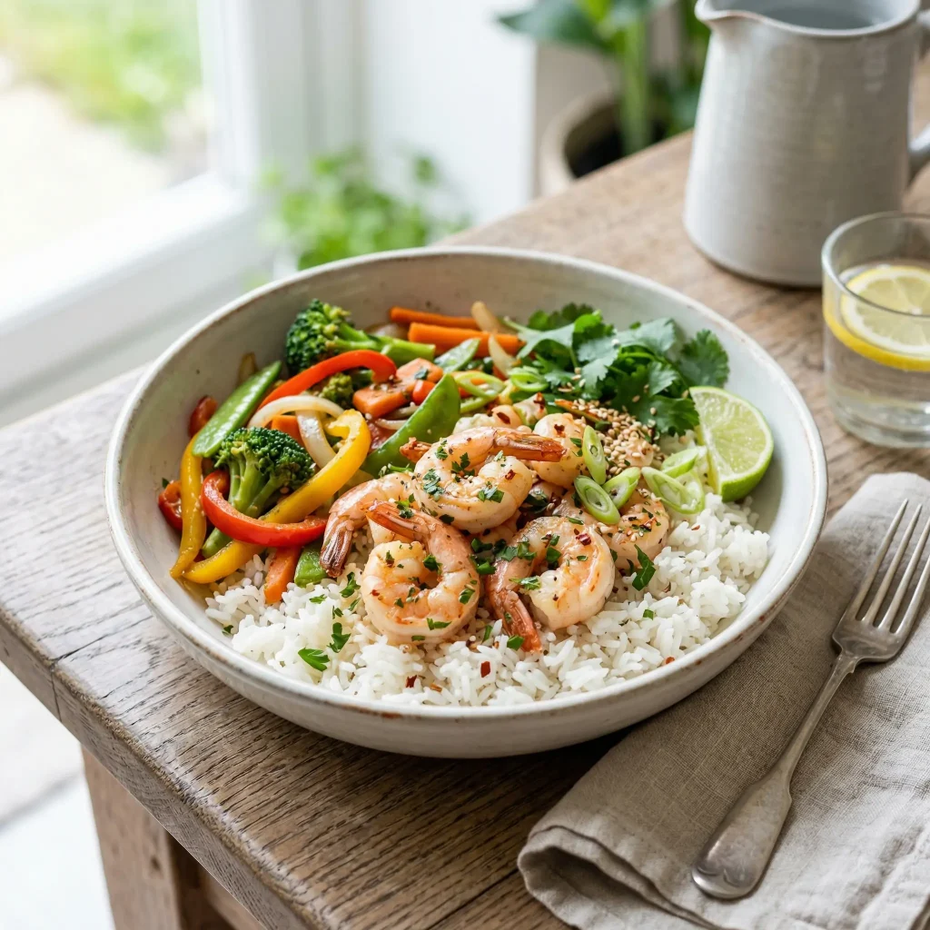 Shrimp rice bowl with vegetables, high-protein dinner