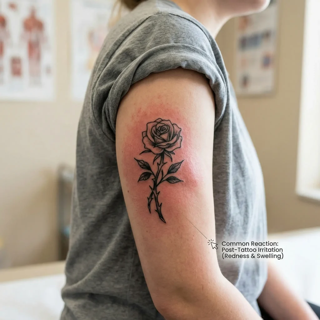 Tattoo showing redness and irritation indicating possible poor healing