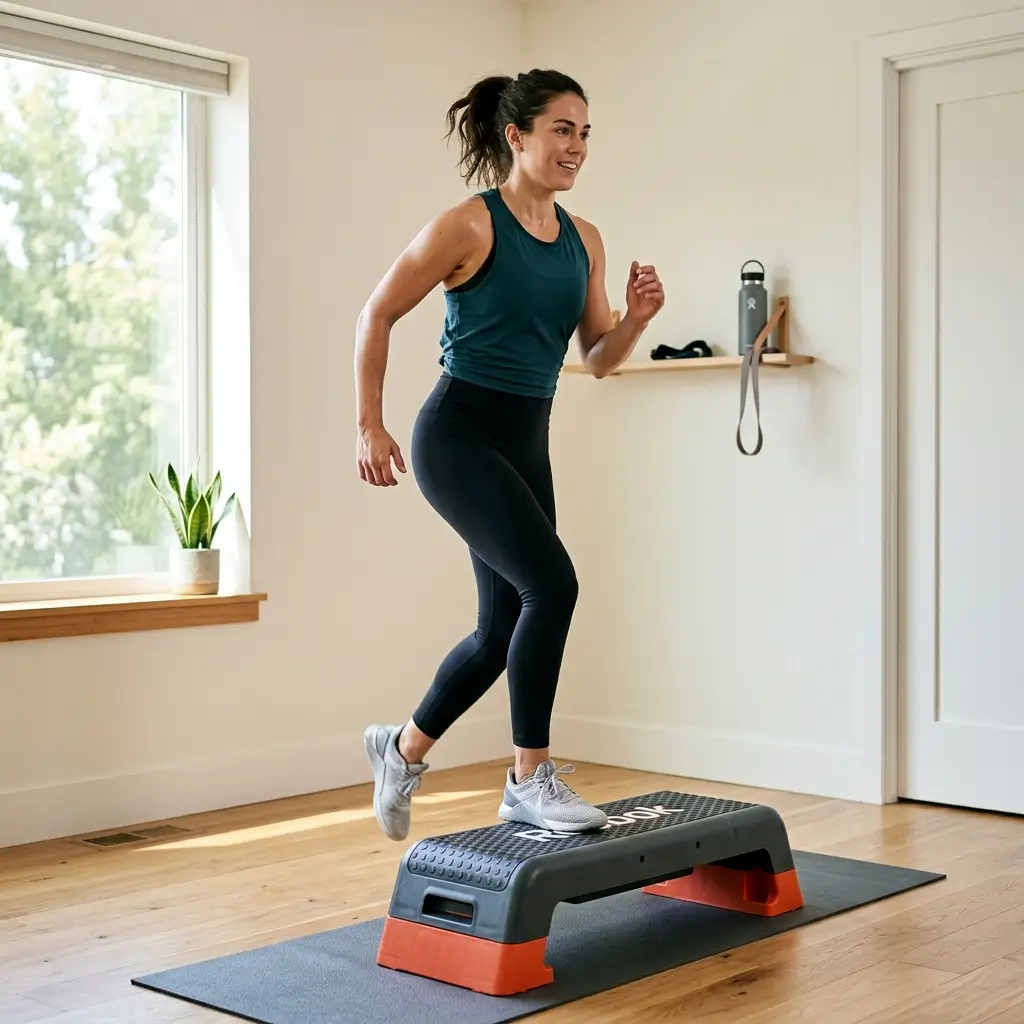 Woman performing step ups at home strengthening legs and glutes