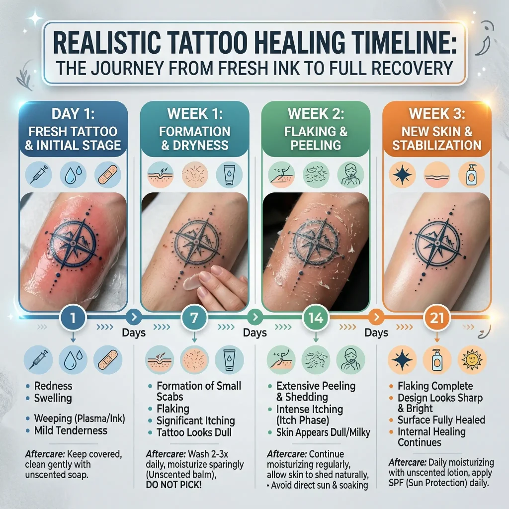 Tattoo aftercare healing timeline showing stages from fresh tattoo to healed tattoo