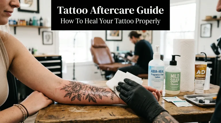Fresh tattoo being cleaned with paper towel alongside tattoo aftercare products illustrating tattoo aftercare guide and proper healing steps