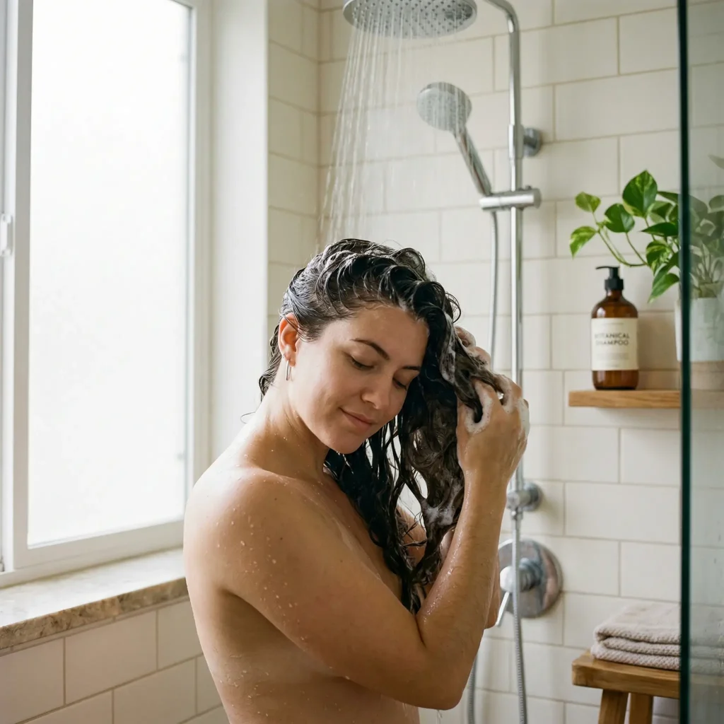 Woman washing hair with shampoo for hair fall in bright bathroom