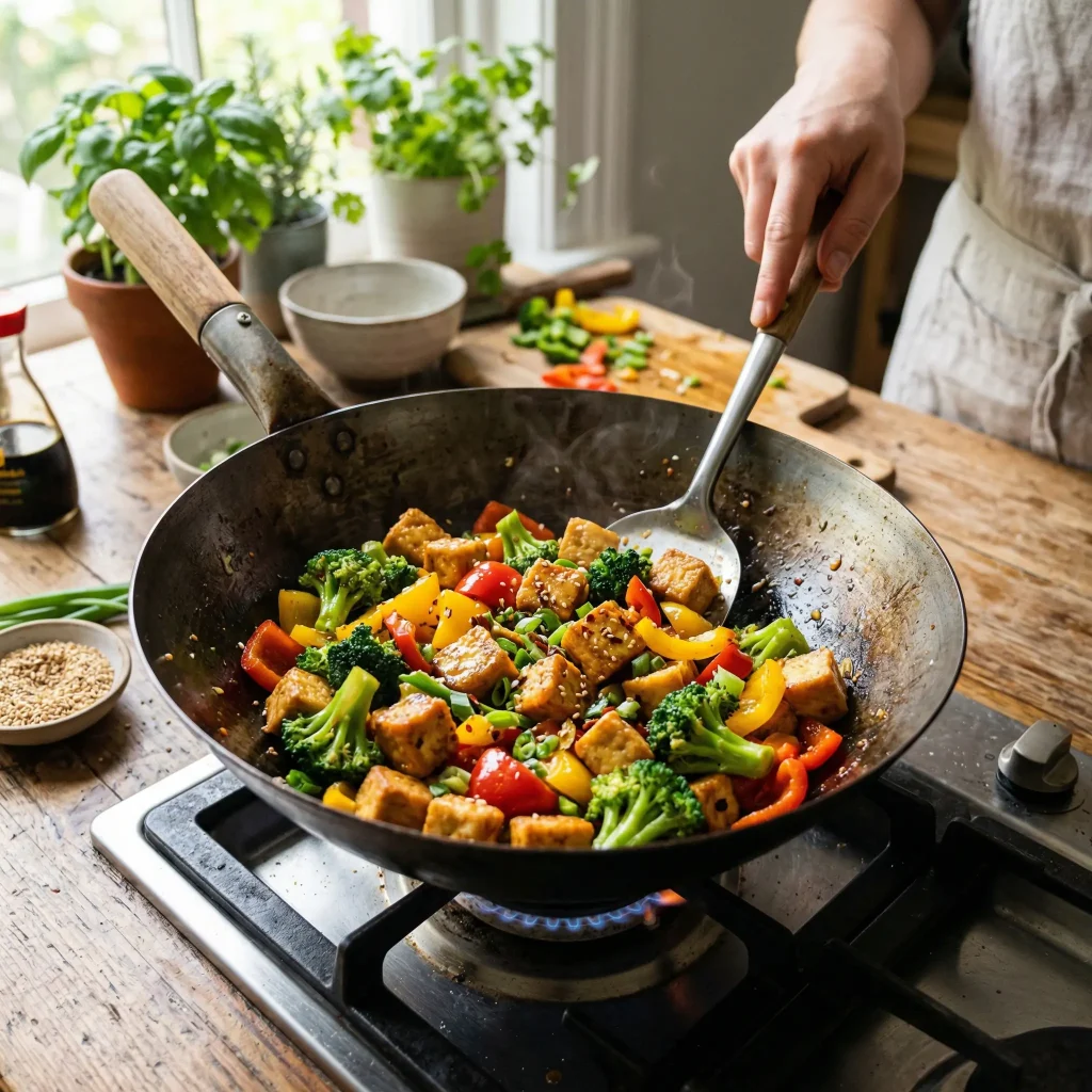 Tofu stir fry with vegetables, high-protein vegetarian dish