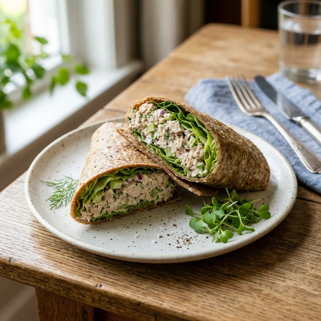 Tuna salad wrap on a plate, high-protein quick meal