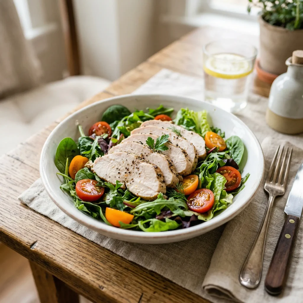 Turkey salad bowl with vegetables, high-protein meal