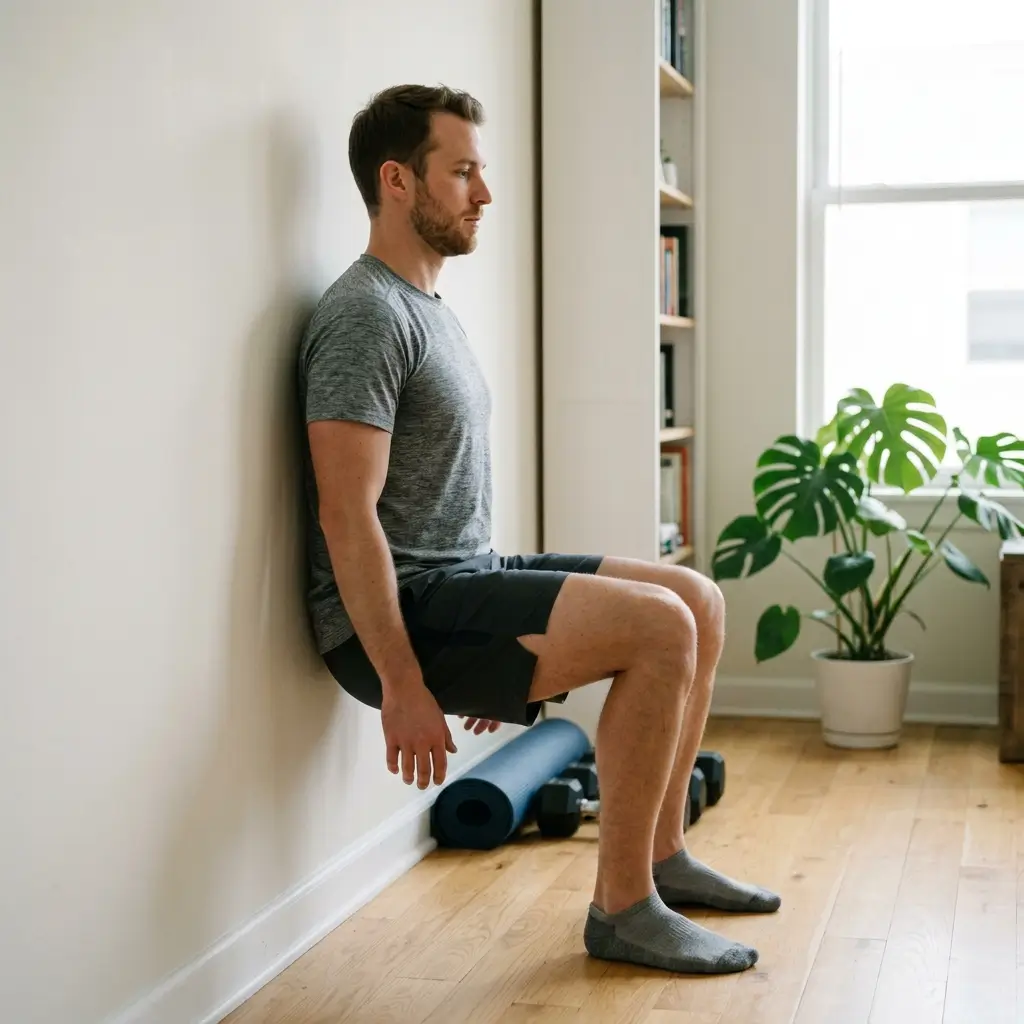 Man performing wall sit exercise at home strengthening legs and improving endurance